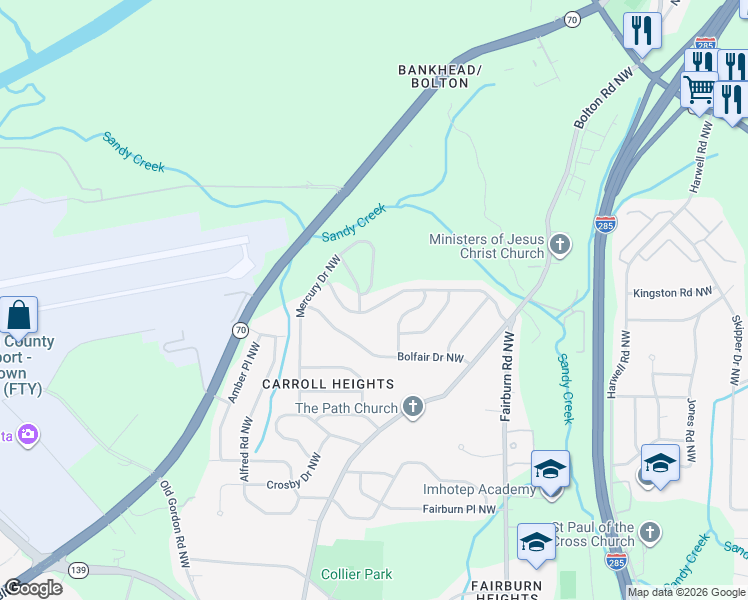 map of restaurants, bars, coffee shops, grocery stores, and more near 1092 Mercury Drive Northwest in Atlanta