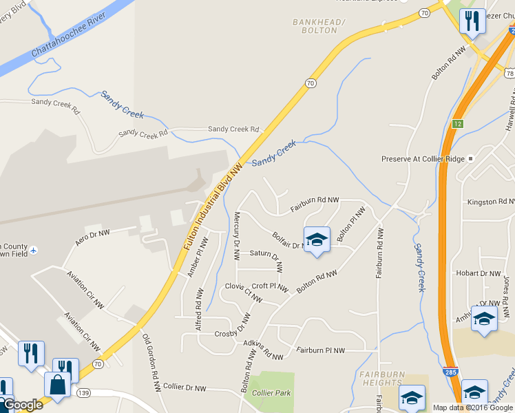 map of restaurants, bars, coffee shops, grocery stores, and more near 1076 Fairburn Road Northwest in Atlanta