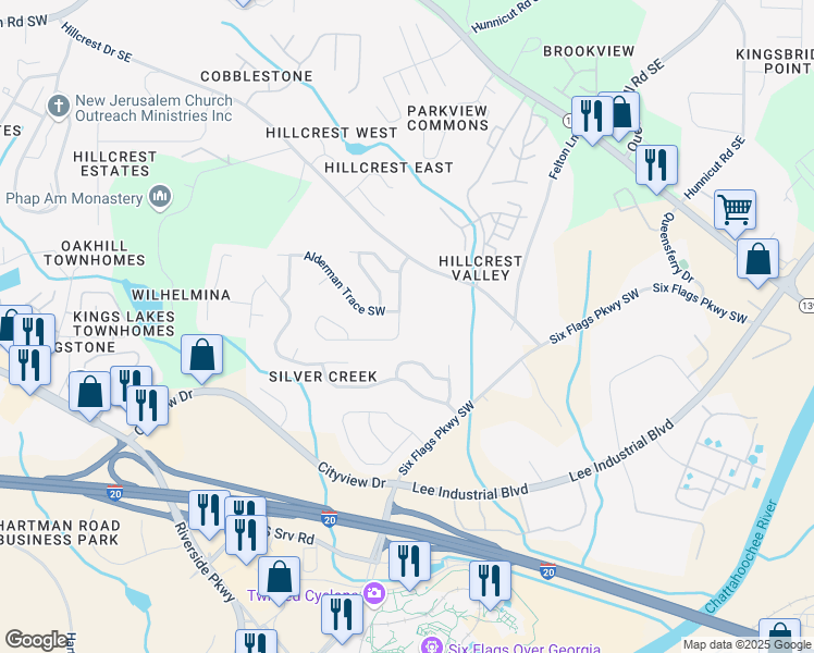 map of restaurants, bars, coffee shops, grocery stores, and more near 7021 Hillcrest Chase Lane in Austell