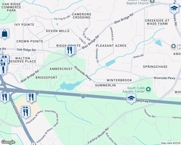map of restaurants, bars, coffee shops, grocery stores, and more near 7263 Silverton Trail in Austell
