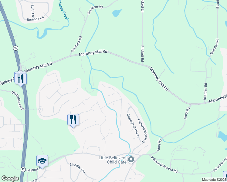 map of restaurants, bars, coffee shops, grocery stores, and more near 7216 Brittany Way in Douglasville