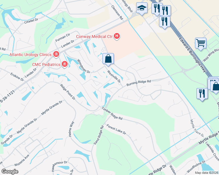 map of restaurants, bars, coffee shops, grocery stores, and more near 300 Willow Green Drive in Conway