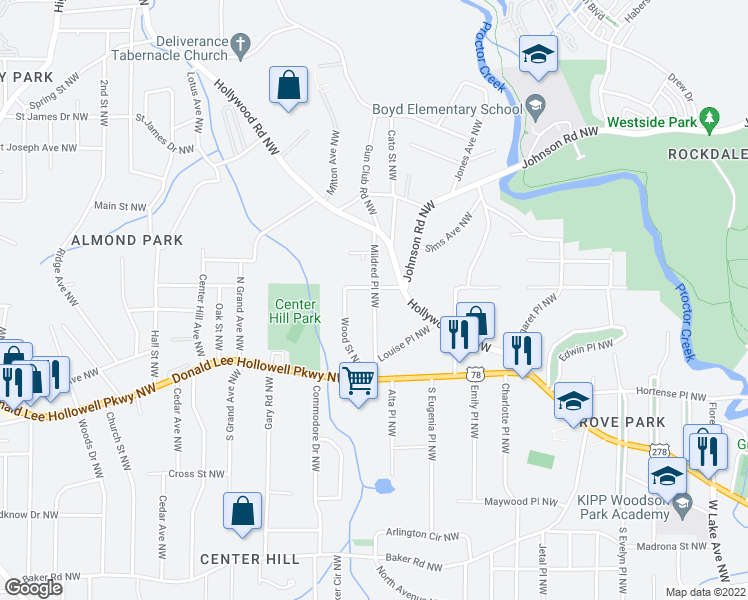 map of restaurants, bars, coffee shops, grocery stores, and more near 886 Mildred Place Northwest in Atlanta