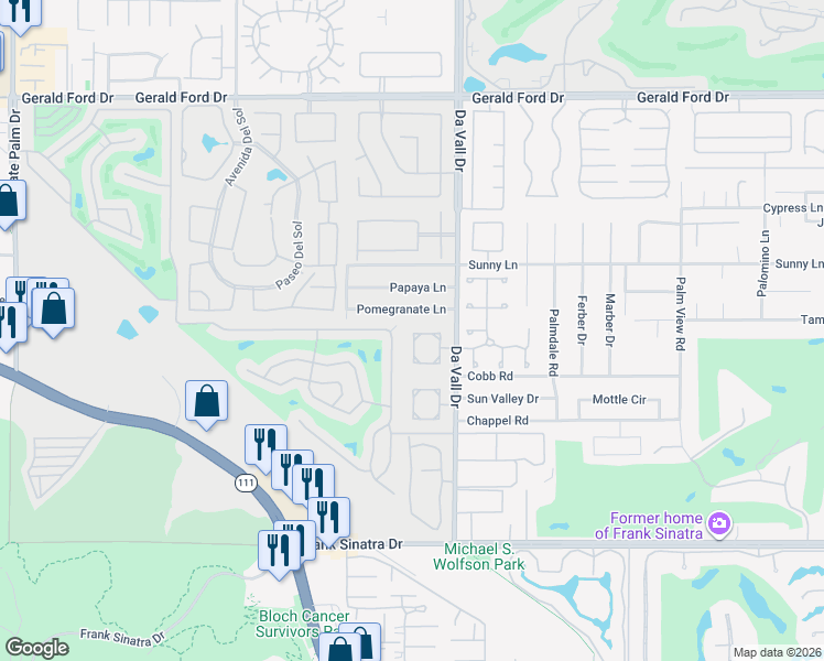 map of restaurants, bars, coffee shops, grocery stores, and more near 69951 Pomegranate Lane in Cathedral City
