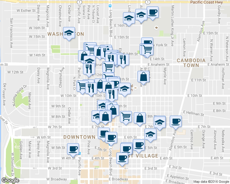 map of restaurants, bars, coffee shops, grocery stores, and more near 1022 Long Beach Boulevard in Long Beach