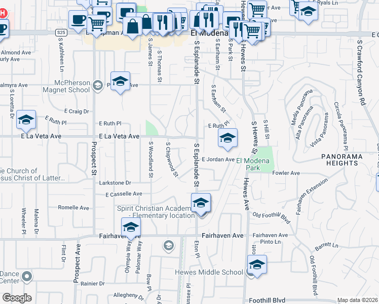 map of restaurants, bars, coffee shops, grocery stores, and more near 3948 East Lynnwood Avenue in Orange