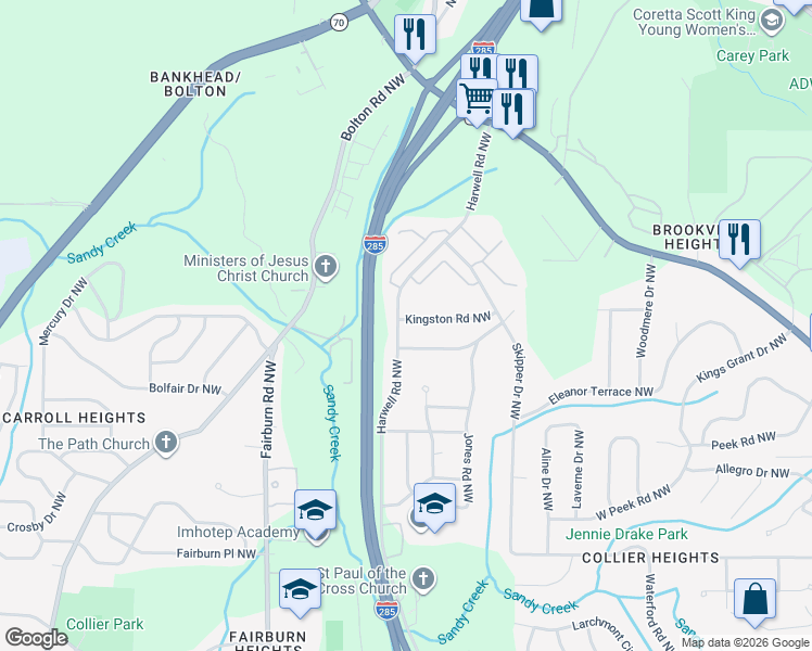 map of restaurants, bars, coffee shops, grocery stores, and more near 896 Harwell Road Northwest in Atlanta