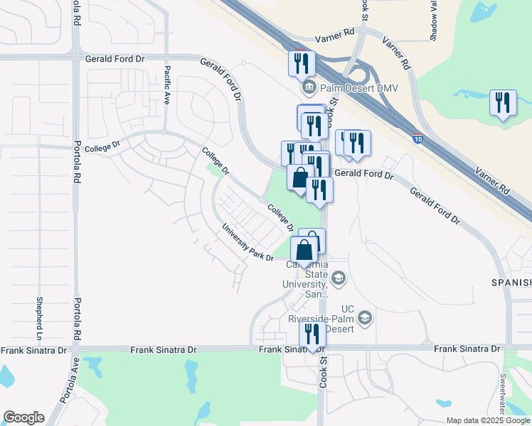 map of restaurants, bars, coffee shops, grocery stores, and more near 41330 Harvey Mudd Drive in Palm Desert