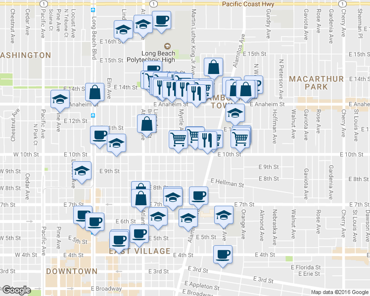 map of restaurants, bars, coffee shops, grocery stores, and more near 1020 Myrtle Avenue in Long Beach