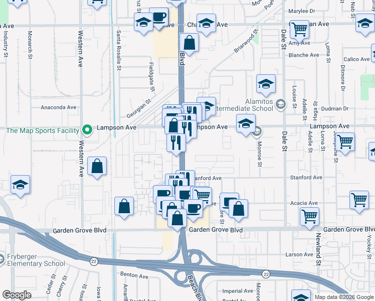 map of restaurants, bars, coffee shops, grocery stores, and more near 12631 Beach Boulevard in Stanton
