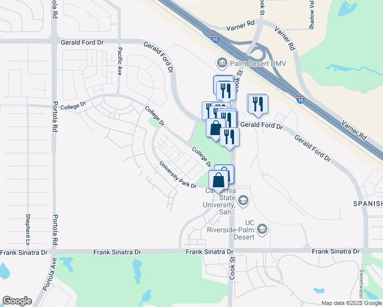 map of restaurants, bars, coffee shops, grocery stores, and more near 41330 Harvey Mudd Drive in Palm Desert