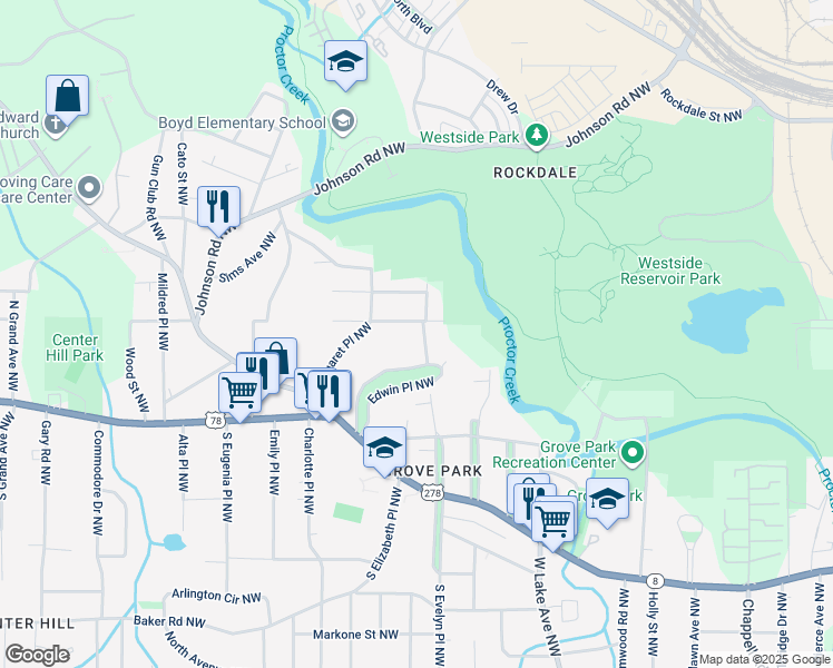 map of restaurants, bars, coffee shops, grocery stores, and more near 896 Edwin Street Northwest in Atlanta