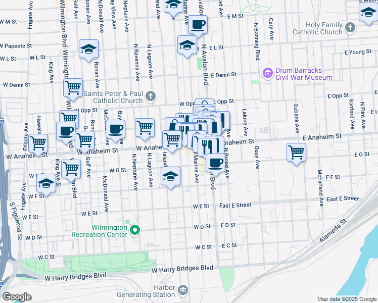 map of restaurants, bars, coffee shops, grocery stores, and more near 215 West Anaheim Street in Los Angeles