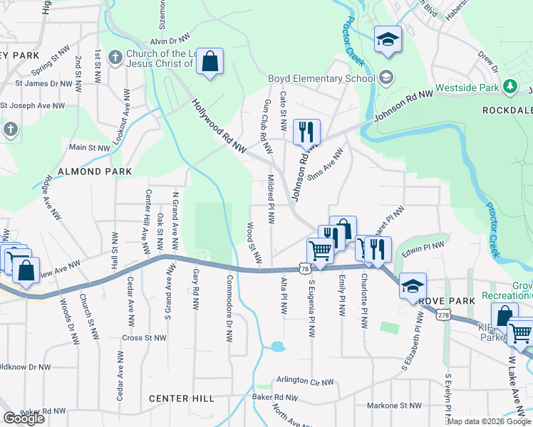 map of restaurants, bars, coffee shops, grocery stores, and more near 886 Mildred Place Northwest in Atlanta