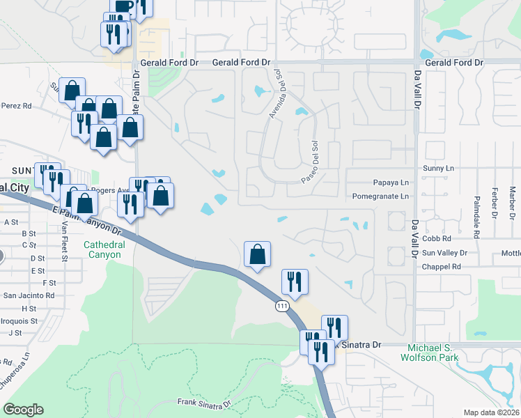 map of restaurants, bars, coffee shops, grocery stores, and more near 425 South Paseo Laredo in Cathedral City
