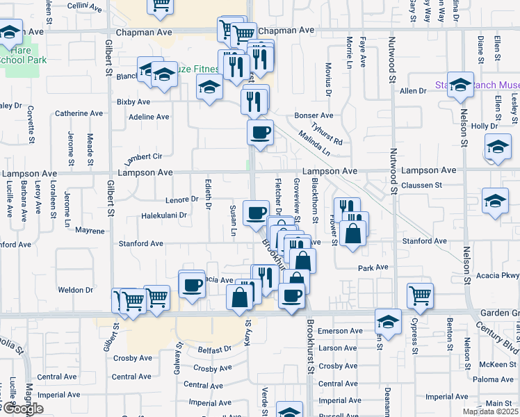 map of restaurants, bars, coffee shops, grocery stores, and more near 12630 Brookhurst Street in Garden Grove