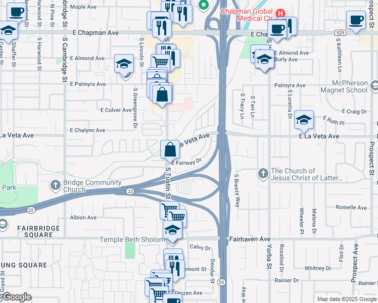 map of restaurants, bars, coffee shops, grocery stores, and more near 1800 East La Veta Avenue in Orange