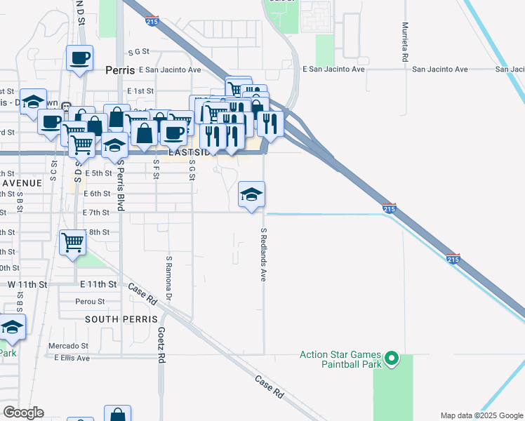 map of restaurants, bars, coffee shops, grocery stores, and more near in Perris