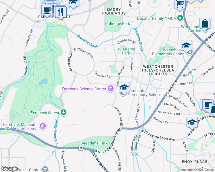 map of restaurants, bars, coffee shops, grocery stores, and more near 1745 Dyson Drive Northeast in Atlanta