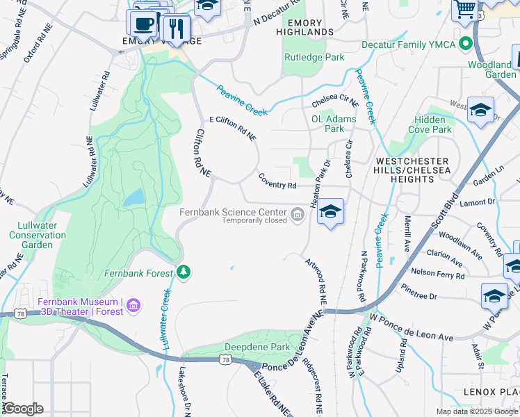 map of restaurants, bars, coffee shops, grocery stores, and more near 1697 Dyson Drive Northeast in Atlanta