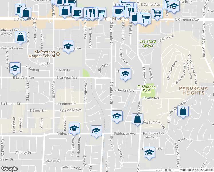 map of restaurants, bars, coffee shops, grocery stores, and more near 3948 East Lynnwood Avenue in Orange