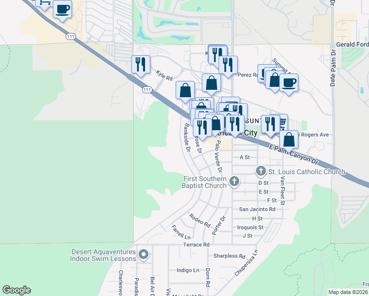 map of restaurants, bars, coffee shops, grocery stores, and more near 37043 Bankside Drive in Cathedral City