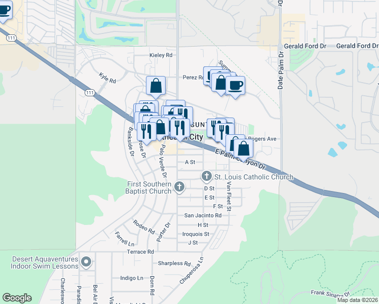 map of restaurants, bars, coffee shops, grocery stores, and more near 68550 Grove Street in Cathedral City