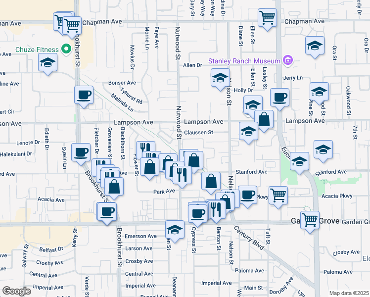 map of restaurants, bars, coffee shops, grocery stores, and more near 10530 Lakeside Drive North in Garden Grove