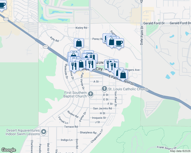 map of restaurants, bars, coffee shops, grocery stores, and more near 68550 Grove Street in Cathedral City