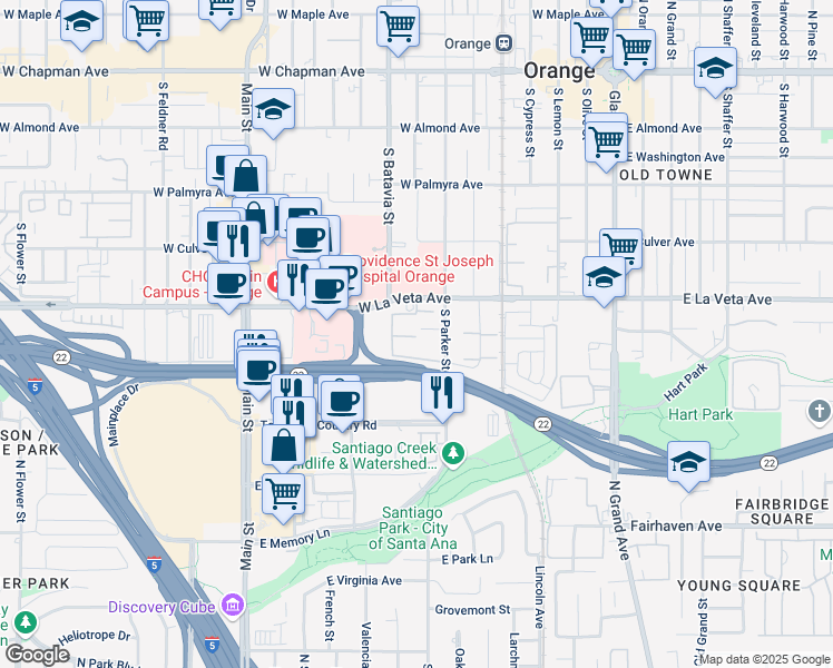 map of restaurants, bars, coffee shops, grocery stores, and more near 700 West La Veta Avenue in Orange