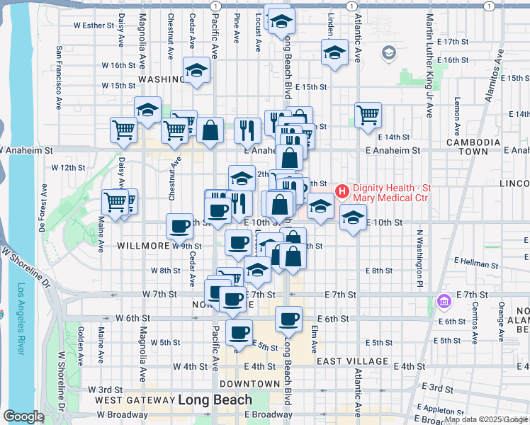 map of restaurants, bars, coffee shops, grocery stores, and more near 1044 Locust Avenue in Long Beach