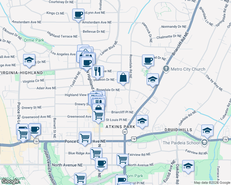 map of restaurants, bars, coffee shops, grocery stores, and more near 1110 Rosedale Drive Northeast in Atlanta