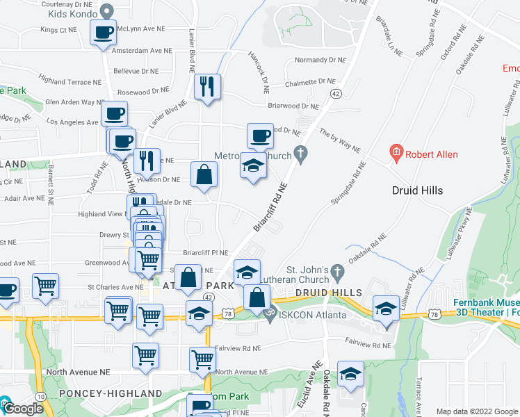 map of restaurants, bars, coffee shops, grocery stores, and more near 906 Briarcliff Road Northeast in Atlanta