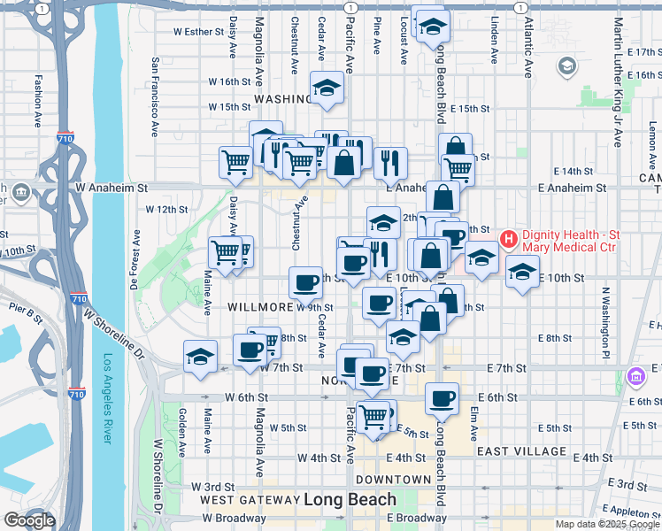 map of restaurants, bars, coffee shops, grocery stores, and more near 1059 Pacific Avenue in Long Beach