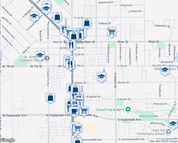 map of restaurants, bars, coffee shops, grocery stores, and more near 306 East 7th Street in San Jacinto