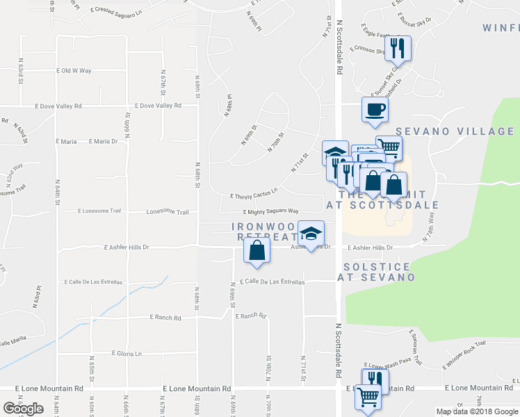 map of restaurants, bars, coffee shops, grocery stores, and more near 6984 East Mighty Saguaro Way in Scottsdale