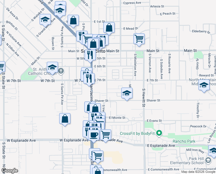 map of restaurants, bars, coffee shops, grocery stores, and more near 306 East 7th Street in San Jacinto