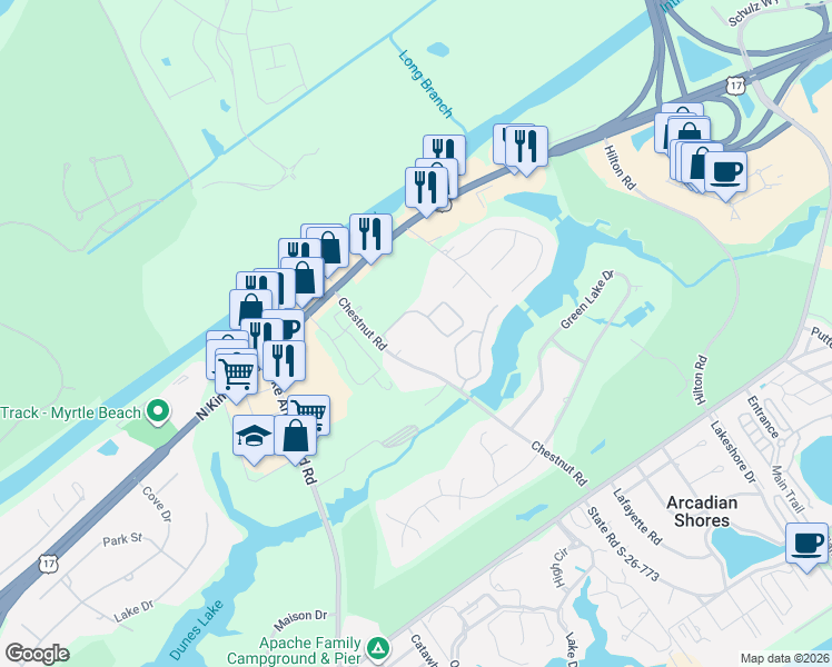 map of restaurants, bars, coffee shops, grocery stores, and more near 6 Chestnut Road in Myrtle Beach