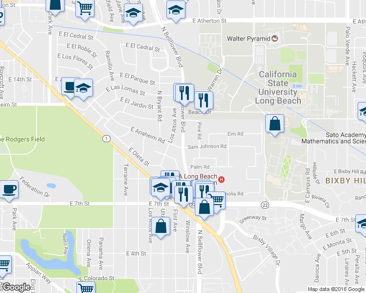 map of restaurants, bars, coffee shops, grocery stores, and more near East Anaheim Road in Long Beach