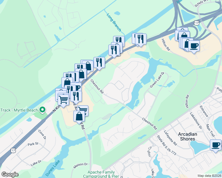 map of restaurants, bars, coffee shops, grocery stores, and more near 9734 Leyland Drive in Myrtle Beach