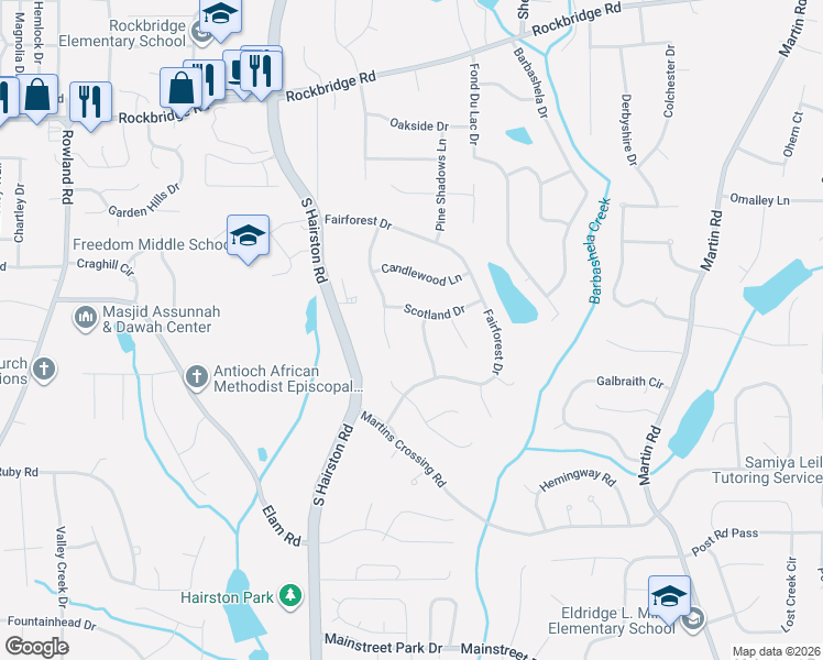 map of restaurants, bars, coffee shops, grocery stores, and more near 4829 Scotland Drive in Stone Mountain