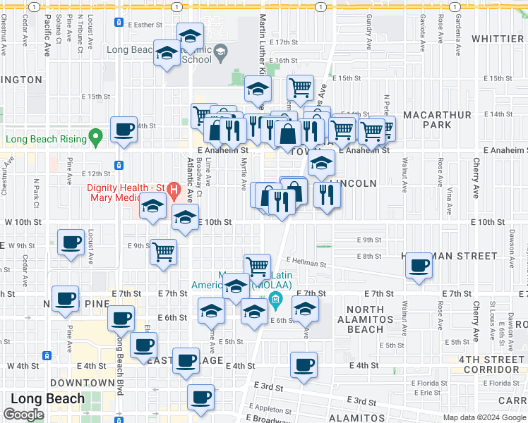 map of restaurants, bars, coffee shops, grocery stores, and more near 1028 Martin Luther King Junior Avenue in Long Beach