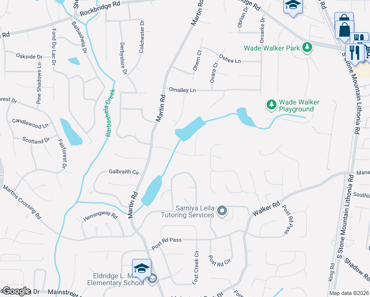 map of restaurants, bars, coffee shops, grocery stores, and more near 5182 Selene Drive in Stone Mountain