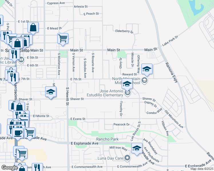 map of restaurants, bars, coffee shops, grocery stores, and more near 731 Miramar Avenue South in San Jacinto