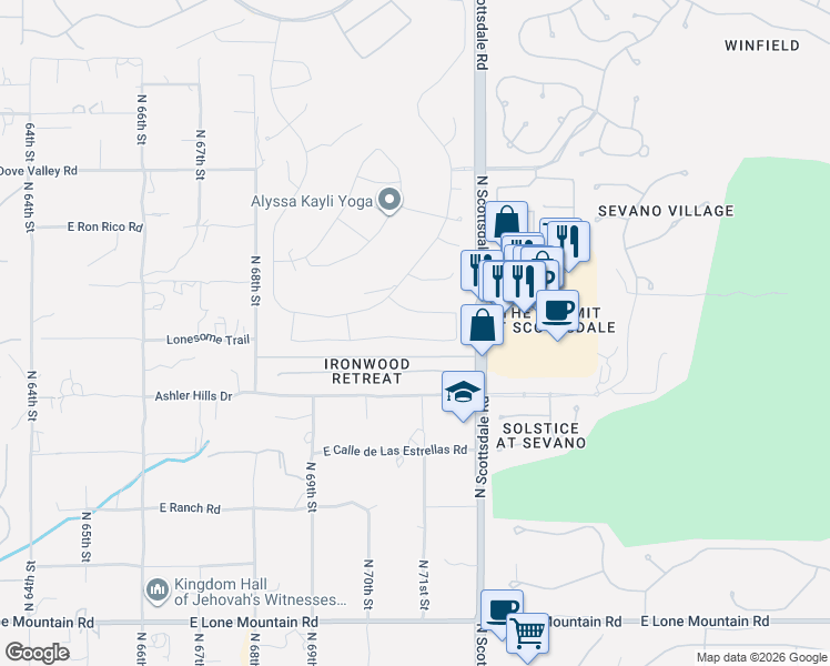 map of restaurants, bars, coffee shops, grocery stores, and more near 7103 East Thirsty Cactus Lane in Scottsdale
