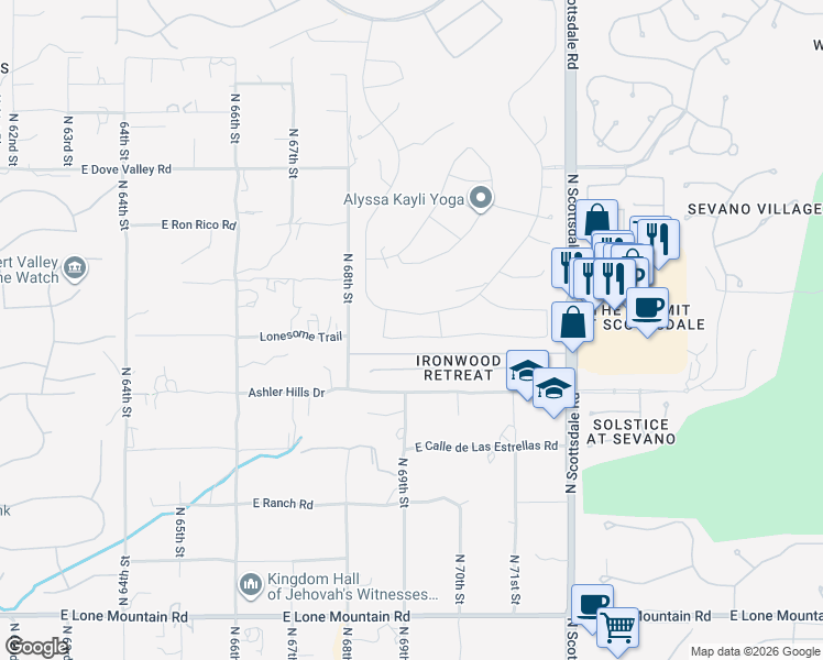 map of restaurants, bars, coffee shops, grocery stores, and more near 6935 East Thirsty Cactus Lane in Scottsdale