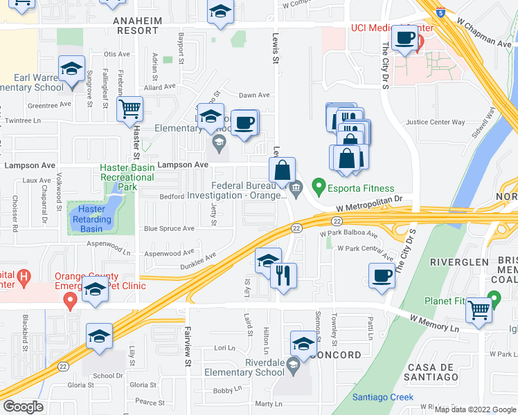 map of restaurants, bars, coffee shops, grocery stores, and more near 13422 Heather Circle in Garden Grove