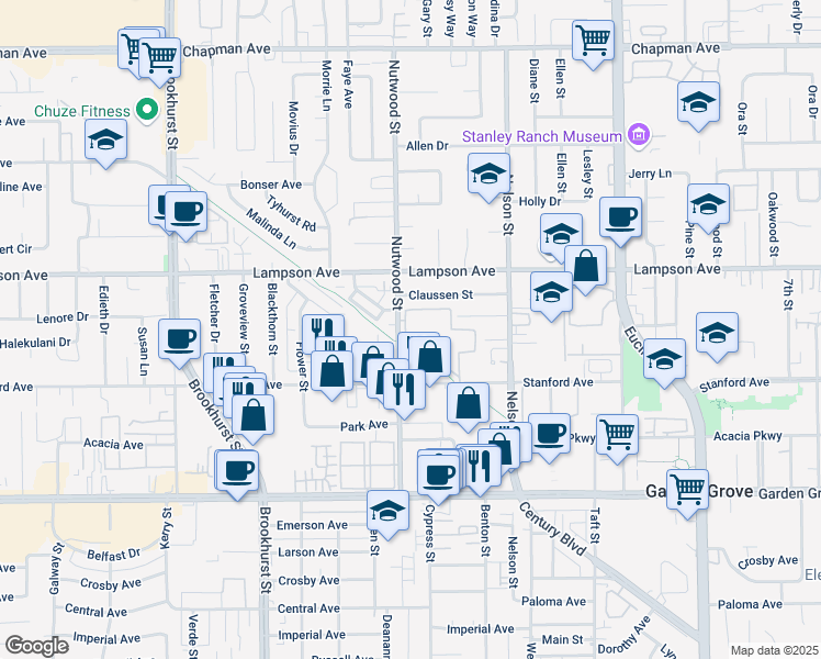 map of restaurants, bars, coffee shops, grocery stores, and more near 10530 Lakeside Drive North in Garden Grove