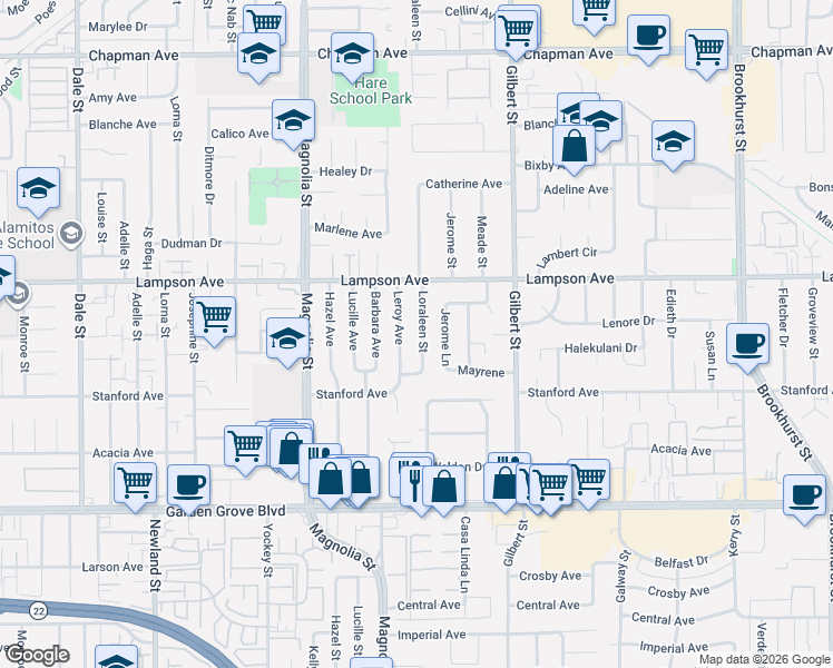 map of restaurants, bars, coffee shops, grocery stores, and more near 12592 Loraleen Street in Garden Grove