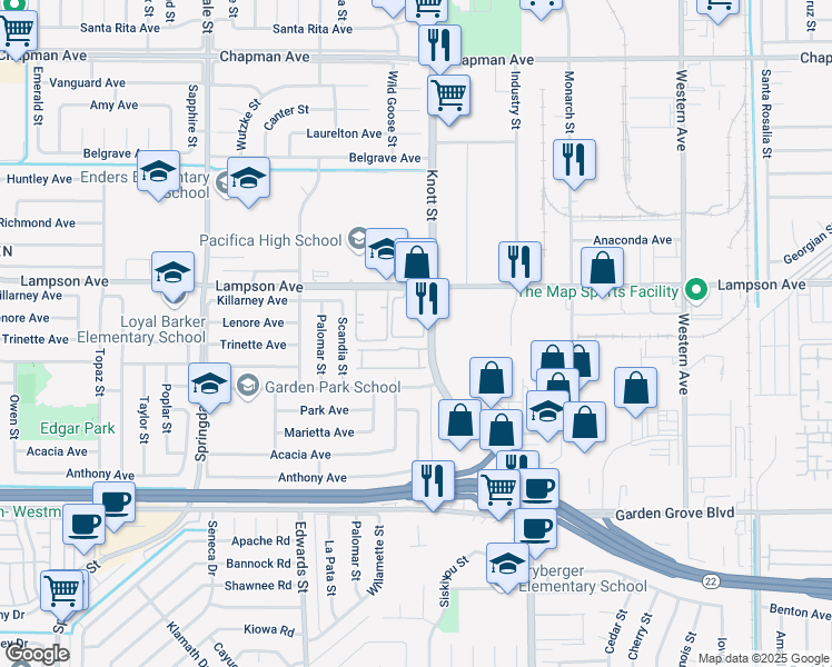 map of restaurants, bars, coffee shops, grocery stores, and more near 12572 Fieldstone Lane in Garden Grove